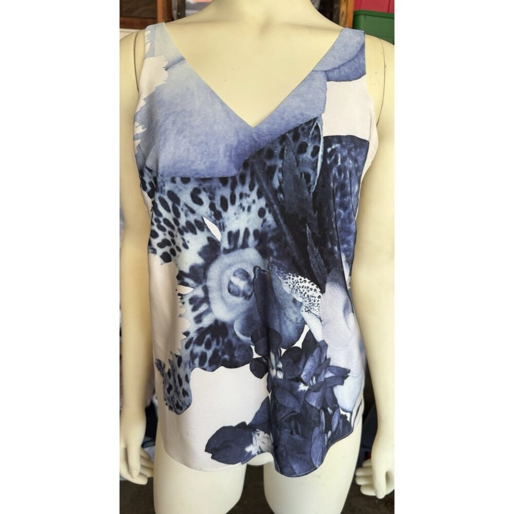 Tibi Silk Tank 6 Top Floral Watercolor White Blue Print Art Abstract Art Lined